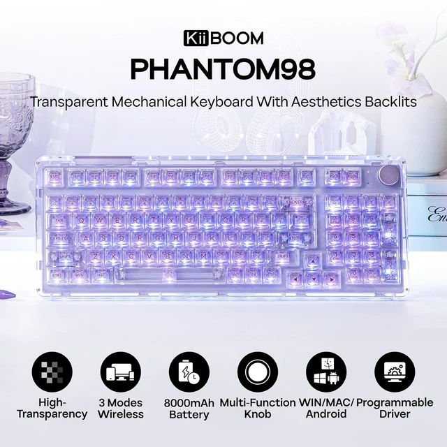 Alt view image 2 of 7 - Phantom 98 Crystal Mechanical Gaming Keyboard, Shine Through Keycap