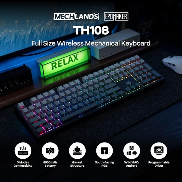 Alt view image 2 of 7 - EPOMAKER TH108 Full Size Mechanical Keyboard, Wireless Gaming Keyboard, 8000mAh Battery, Creamy Gasket, 108 Keys, Hot Swap, Custom Driver, RGB Backlights (Black, Creamy Jade Switch)