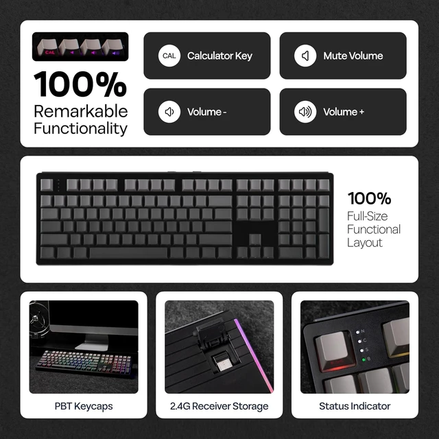 Alt view image 3 of 7 - EPOMAKER TH108 Full Size Mechanical Keyboard, Wireless Gaming Keyboard, 8000mAh Battery, Creamy Gasket, 108 Keys, Hot Swap, Custom Driver, RGB Backlights (Black, Creamy Jade Switch)