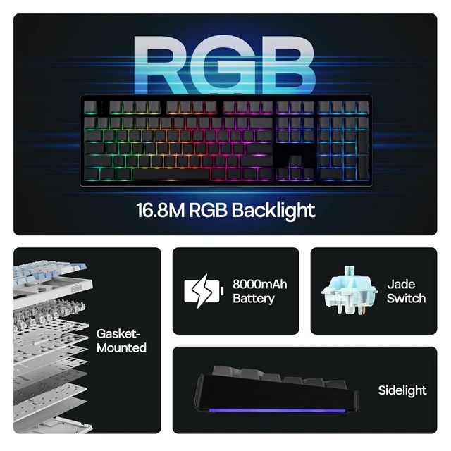 Alt view image 4 of 7 - EPOMAKER TH108 Full Size Mechanical Keyboard, Wireless Gaming Keyboard, 8000mAh Battery, Creamy Gasket, 108 Keys, Hot Swap, Custom Driver, RGB Backlights (Black, Creamy Jade Switch)