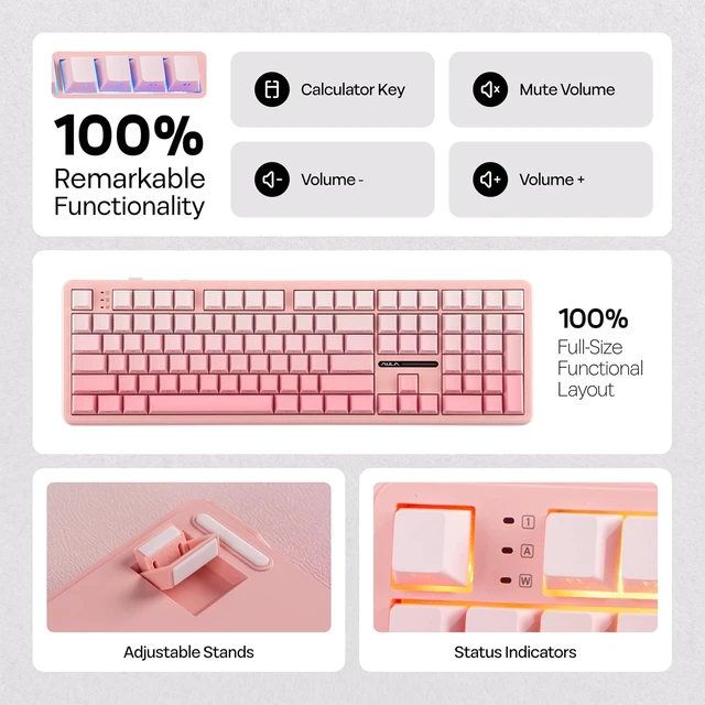 Alt view image 4 of 7 - Aula F108 100% Wireless Gaming Keyboard, Full Size Custom Gasket Mechanical Keyboard, 4000mAh Battery, Programmable 108 Keys, Hot-Swappable, for Win/Mac (Pink Gradient)