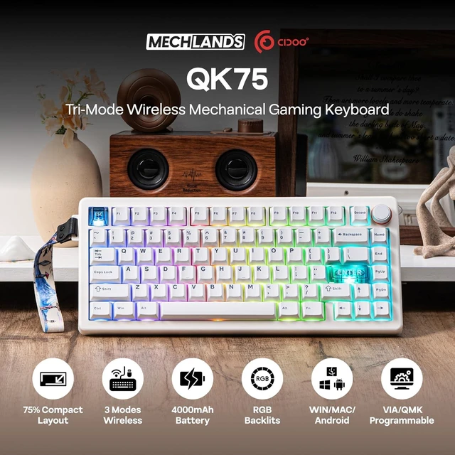 Alt view image 2 of 7 - CIDOO QK75 VIA Programmable 75% Compact Keyboard, USB-C/BT5.0/2.4Ghz Wireless, Hot Swappable Custom Mechanical Keyboard with Gasket Mounted, PC Plate, 4000mAh Battery for Win/Mac (White)