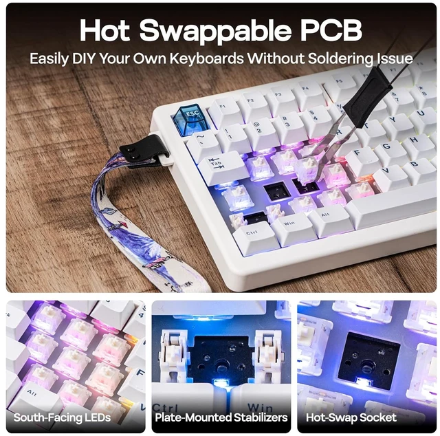 Alt view image 5 of 7 - CIDOO QK75 VIA Programmable 75% Compact Keyboard, USB-C/BT5.0/2.4Ghz Wireless, Hot Swappable Custom Mechanical Keyboard with Gasket Mounted, PC Plate, 4000mAh Battery for Win/Mac (White)