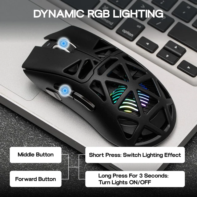 Alt view image 4 of 7 - Aula SC620 Gaming Mouse, 2.4G/USB-C/BT Wireless Mouse with 400mAh Battery, Adjustable 12,000 DPI & 1000 Polling Rate, PAW3311 Sensor, RGB Lighting, Programmable Buttons, for Win/Mac (Black)