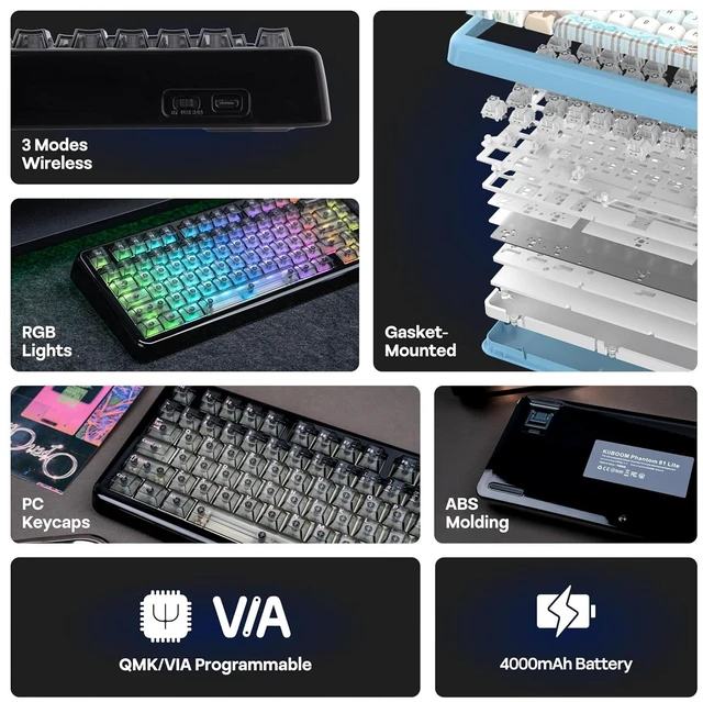 Alt view image 3 of 7 - Phantom81 Lite 75% Gasket Mechanical Keyboard, VIA Programmable