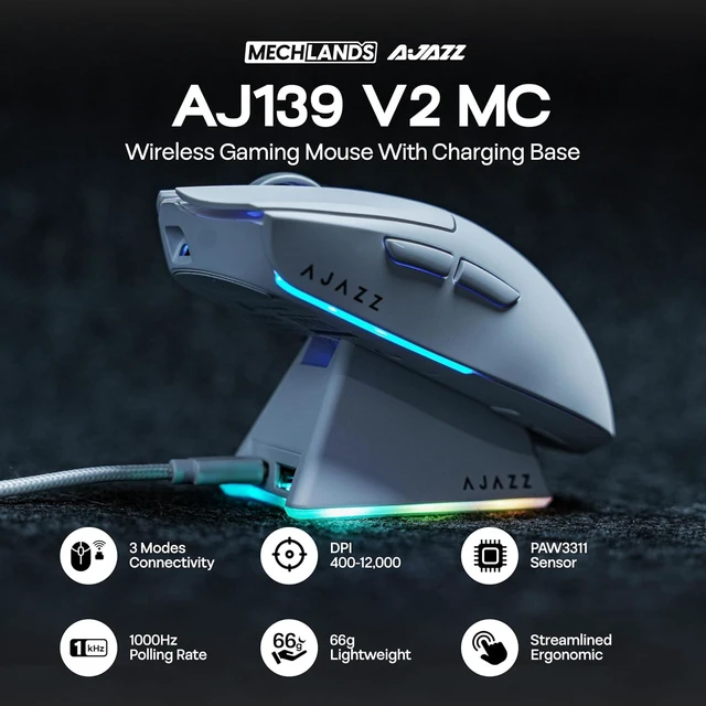 Alt view image 2 of 7 - AJAZZ AJ139 V2 MC Gaming Mouse with Charging Base, Adjustable 12,000 DPI, PAW3311 Sensor, 3 Modes Wireless Mouse, 500mAh Battery, 1000 Polling Rate, 66g Lightweight, Win/Mac (White)