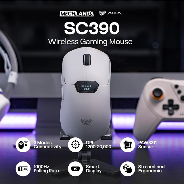 Alt view image 2 of 7 - Aula SC390 Lightweight Gaming Mouse with Display Screen