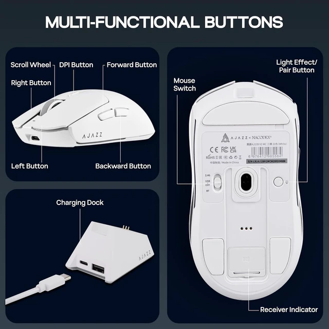 Alt view image 7 of 7 - AJAZZ AJ139 V2 MC Gaming Mouse with Charging Base, Adjustable 12,000 DPI, PAW3311 Sensor, 3 Modes Wireless Mouse, 500mAh Battery, 1000 Polling Rate, 66g Lightweight, Win/Mac (White)