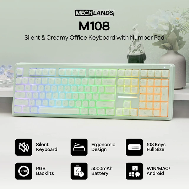 Alt view image 2 of 7 - M108 100% Full Size Silent Office Keyboard with Number Pad