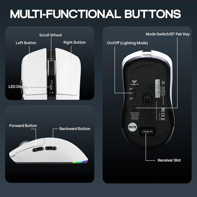 Alt view image 7 of 7 - Aula SC590 PRO Gaming Mouse with Display Screen, 2.4G/USB-C/BT