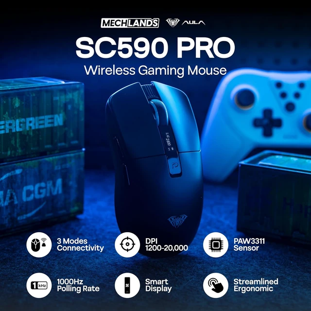 Alt view image 2 of 7 - Aula SC590 PRO Gaming Mouse with Display Screen, 2.4G/USB-C/BT