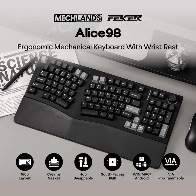 Alt view image 2 of 7 - Feker Alice98 Ergonomic 98 Keys Custom Mechanical Keyboard with KiiBoom X Cosydiaries Rainy Froggy Day Keycap Set