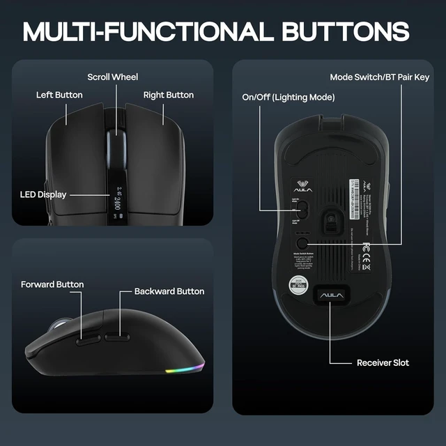 Alt view image 7 of 7 - Aula SC590 PRO Gaming Mouse with Display Screen, 2.4G/USB-C/BT