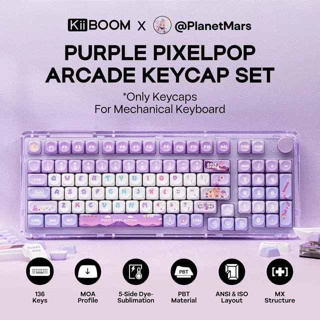 Alt view image 2 of 7 - X PlanetMars: Purple Pixelpop Arcade Keycap Set, 136 Keys