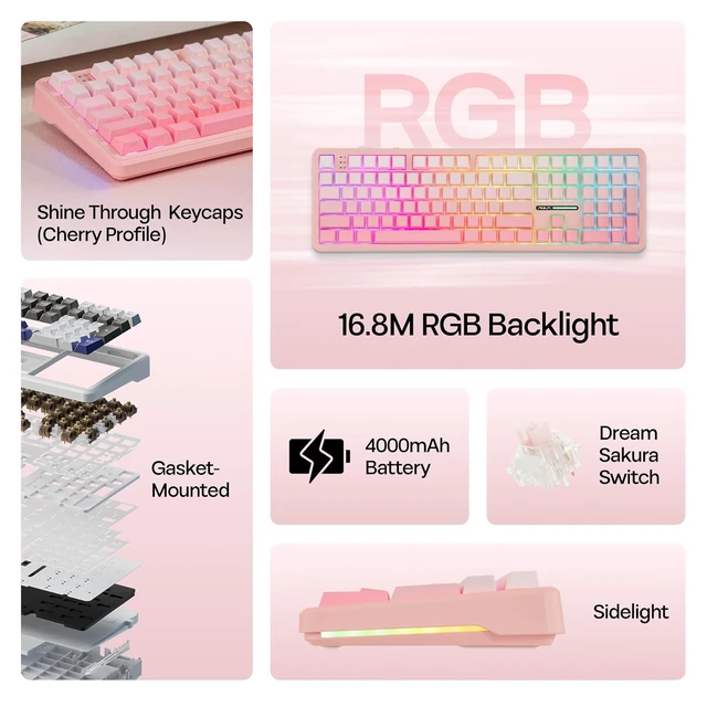 Alt view image 3 of 7 - Aula F108 100% Wireless Gaming Keyboard, Full Size Custom Gasket Mechanical Keyboard, 4000mAh Battery, Programmable 108 Keys, Hot-Swappable, for Win/Mac (Pink Gradient)