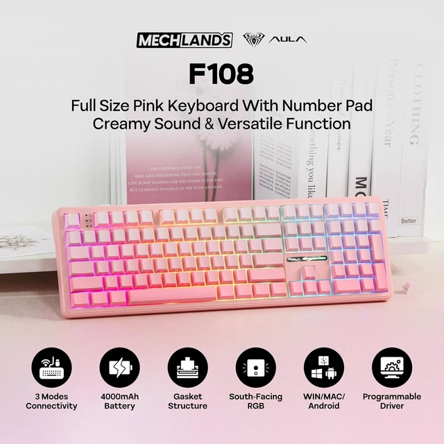 Alt view image 2 of 7 - Aula F108 100% Wireless Gaming Keyboard, Full Size Custom Gasket Mechanical Keyboard, 4000mAh Battery, Programmable 108 Keys, Hot-Swappable, for Win/Mac (Pink Gradient)