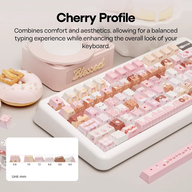 Alt view image 3 of 6 - Dough Fluff Keycap Set, 144/143 Keys, MOA/Cherry Profile PBT Keycaps for Mechanical Keyboard, Compatible with ANSI/ISO, 60%, 65%, 75%, TKL, Full-Sized Layout (Pink & Brown, Cherry Profile)