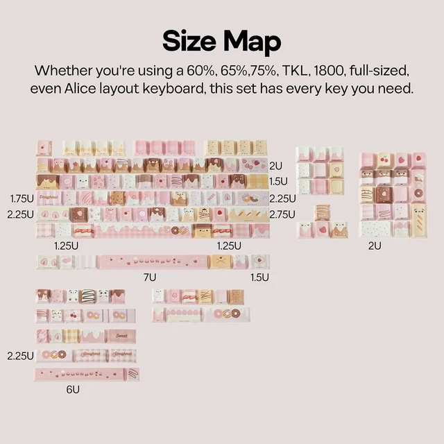 Alt view image 6 of 6 - Dough Fluff Keycap Set, 144/143 Keys, MOA/Cherry Profile PBT Keycaps for Mechanical Keyboard, Compatible with ANSI/ISO, 60%, 65%, 75%, TKL, Full-Sized Layout (Pink & Brown, Cherry Profile)