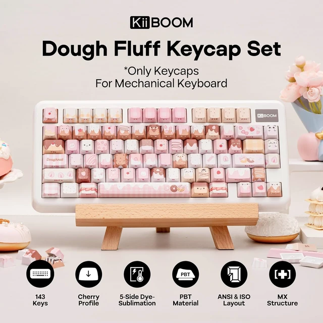 Alt view image 2 of 6 - Dough Fluff Keycap Set, 144/143 Keys, MOA/Cherry Profile PBT Keycaps for Mechanical Keyboard, Compatible with ANSI/ISO, 60%, 65%, 75%, TKL, Full-Sized Layout (Pink & Brown, Cherry Profile)