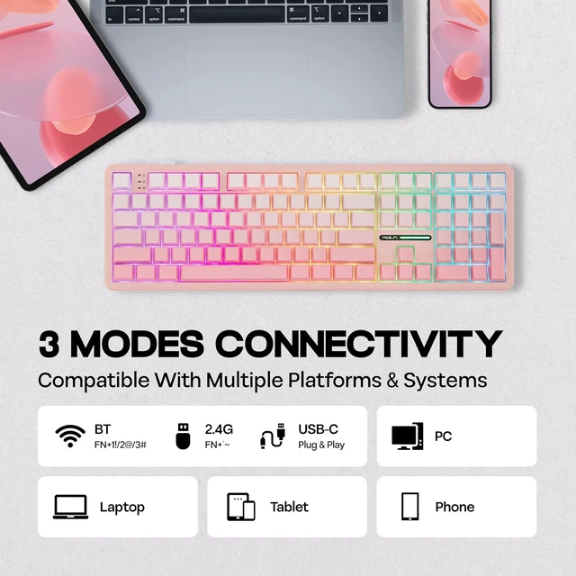 Alt view image 5 of 7 - Aula F108 100% Wireless Gaming Keyboard, Full Size Custom Gasket Mechanical Keyboard, 4000mAh Battery, Programmable 108 Keys, Hot-Swappable, for Win/Mac (Pink Gradient)