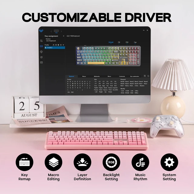 Alt view image 7 of 7 - Aula F108 100% Wireless Gaming Keyboard, Full Size Custom Gasket Mechanical Keyboard, 4000mAh Battery, Programmable 108 Keys, Hot-Swappable, for Win/Mac (Pink Gradient)