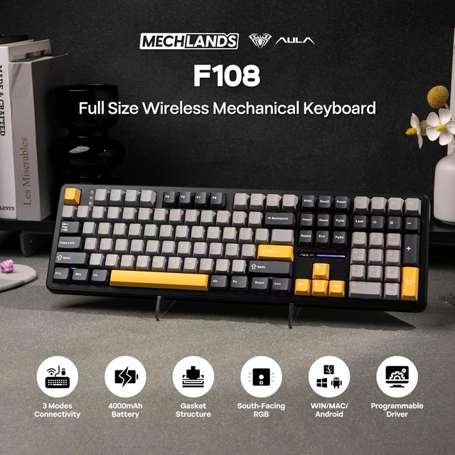 Alt view image 2 of 7 - Aula F108 100% Wireless Gaming Keyboard, Full Size Custom Gasket Mechanical Keyboard, 4000mAh Battery, Programmable 108 Keys, Hot-Swappable, for Win/Mac (Grey&Yellow)