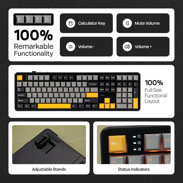 Alt view image 3 of 7 - Aula F108 100% Wireless Gaming Keyboard, Full Size Custom Gasket Mechanical Keyboard, 4000mAh Battery, Programmable 108 Keys, Hot-Swappable, for Win/Mac (Grey&Yellow)