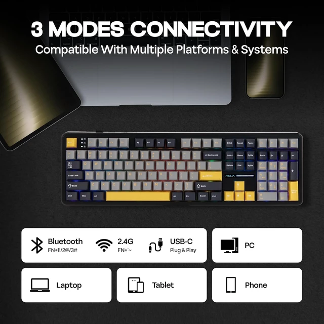 Alt view image 5 of 7 - Aula F108 100% Wireless Gaming Keyboard, Full Size Custom Gasket Mechanical Keyboard, 4000mAh Battery, Programmable 108 Keys, Hot-Swappable, for Win/Mac (Grey&Yellow)