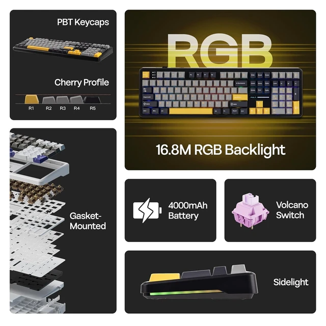 Alt view image 4 of 7 - Aula F108 100% Wireless Gaming Keyboard, Full Size Custom Gasket Mechanical Keyboard, 4000mAh Battery, Programmable 108 Keys, Hot-Swappable, for Win/Mac (Grey&Yellow)