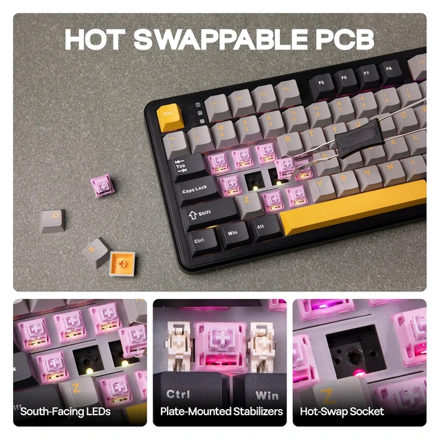 Alt view image 6 of 7 - Aula F108 100% Wireless Gaming Keyboard, Full Size Custom Gasket Mechanical Keyboard, 4000mAh Battery, Programmable 108 Keys, Hot-Swappable, for Win/Mac (Grey&Yellow)