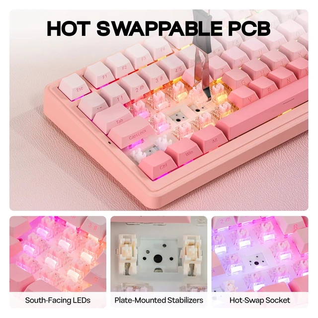 Alt view image 6 of 7 - Aula F108 100% Wireless Gaming Keyboard, Full Size Custom Gasket Mechanical Keyboard, 4000mAh Battery, Programmable 108 Keys, Hot-Swappable, for Win/Mac (Pink Gradient)