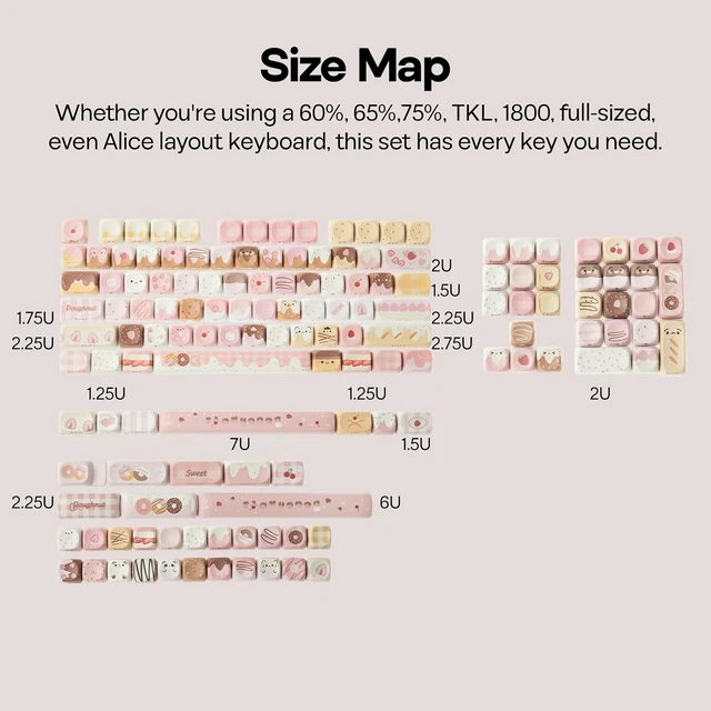 Alt view image 6 of 6 - Dough Fluff Keycap Set, 144/143 Keys, MOA/Cherry Profile PBT Keycaps for Mechanical Keyboard, Compatible with ANSI/ISO, 60%, 65%, 75%, TKL, Full-Sized Layout (Pink & Brown, MOA Profile)