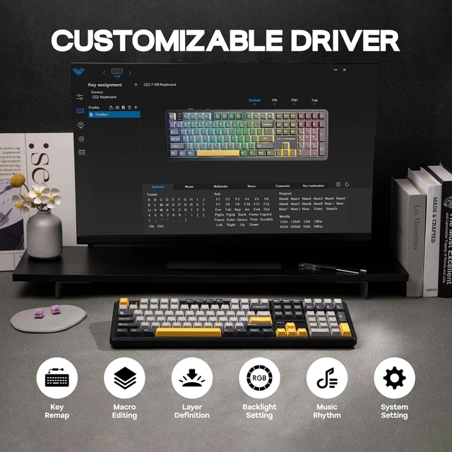 Alt view image 7 of 7 - Aula F108 100% Wireless Gaming Keyboard, Full Size Custom Gasket Mechanical Keyboard, 4000mAh Battery, Programmable 108 Keys, Hot-Swappable, for Win/Mac (Grey&Yellow)
