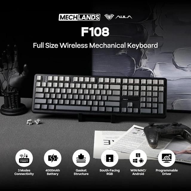 Alt view image 2 of 7 - Aula F108 100% Wireless Gaming Keyboard, Full Size Custom Gasket Mechanical Keyboard, 4000mAh Battery, Programmable 108 Keys, Hot-Swappable, for Win/Mac (Black Gradient)