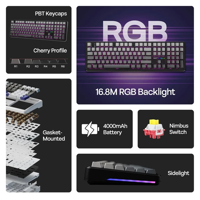 Alt view image 4 of 7 - Aula F108 100% Wireless Gaming Keyboard, Full Size Custom Gasket Mechanical Keyboard, 4000mAh Battery, Programmable 108 Keys, Hot-Swappable, for Win/Mac (Black Gradient)