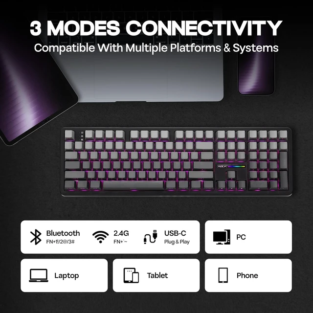 Alt view image 5 of 7 - Aula F108 100% Wireless Gaming Keyboard, Full Size Custom Gasket Mechanical Keyboard, 4000mAh Battery, Programmable 108 Keys, Hot-Swappable, for Win/Mac (Black Gradient)