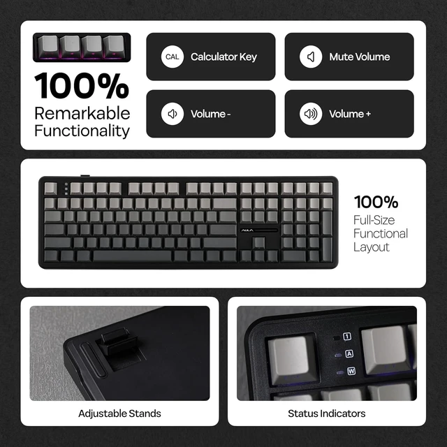 Alt view image 3 of 7 - Aula F108 100% Wireless Gaming Keyboard, Full Size Custom Gasket Mechanical Keyboard, 4000mAh Battery, Programmable 108 Keys, Hot-Swappable, for Win/Mac (Black Gradient)