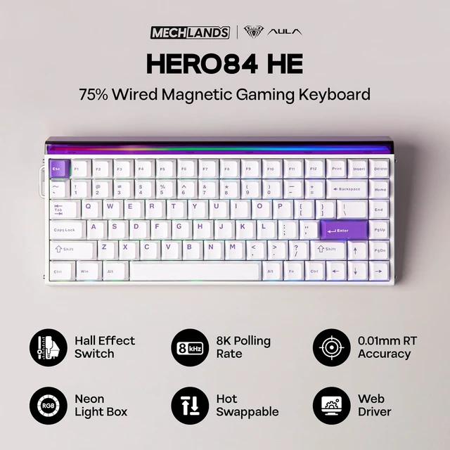 Alt view image 2 of 7 - Aula Hero84 HE Wired Magnetic Gaming Keyboard, Rapid Hall Effect Keyboard with 0.01mm Adjustable Actuation, 8kHz Polling, 5-Layer Sound Dampening, RGB Lightbox & Backlit (White Purple)
