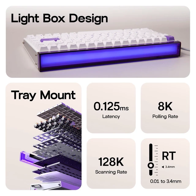 Alt view image 3 of 7 - Aula Hero84 HE Wired Magnetic Gaming Keyboard, Rapid Hall Effect Keyboard with 0.01mm Adjustable Actuation, 8kHz Polling, 5-Layer Sound Dampening, RGB Lightbox & Backlit (White Purple)
