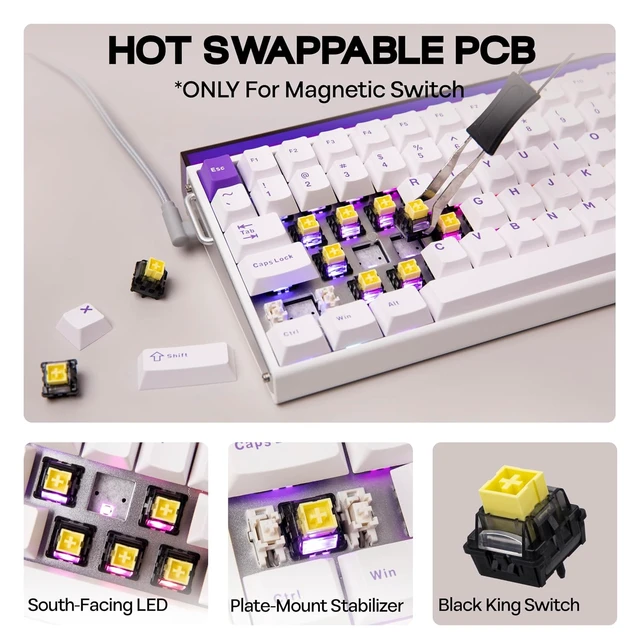 Alt view image 6 of 7 - Aula Hero84 HE Wired Magnetic Gaming Keyboard, Rapid Hall Effect Keyboard with 0.01mm Adjustable Actuation, 8kHz Polling, 5-Layer Sound Dampening, RGB Lightbox & Backlit (White Purple)