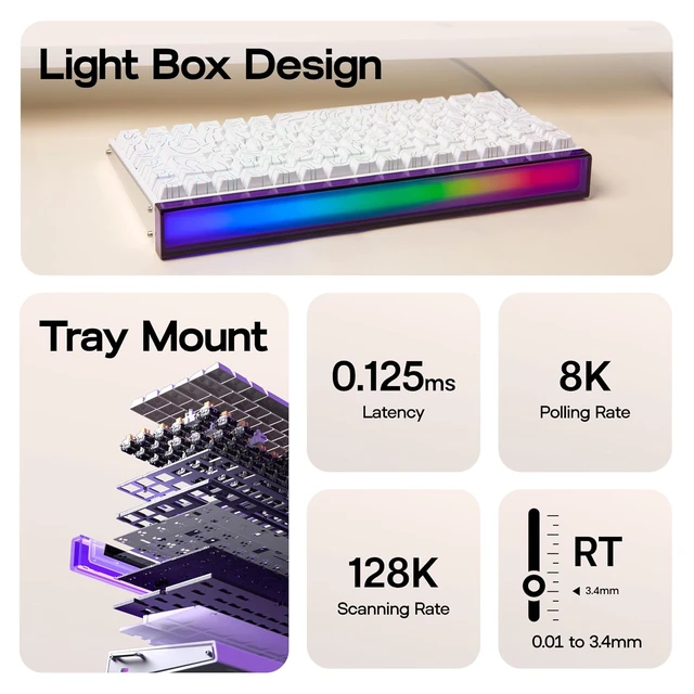 Alt view image 3 of 7 - Aula Hero84 HE Wired Magnetic Gaming Keyboard, Rapid Hall Effect Keyboard with 0.01mm Adjustable Actuation, 8kHz Polling, 5-Layer Sound Dampening, RGB Lightbox & Backlit (White)