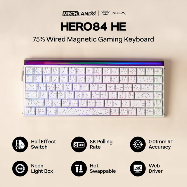 Alt view image 2 of 7 - Aula Hero84 HE Wired Magnetic Gaming Keyboard, Rapid Hall Effect Keyboard with 0.01mm Adjustable Actuation, 8kHz Polling, 5-Layer Sound Dampening, RGB Lightbox & Backlit (White)