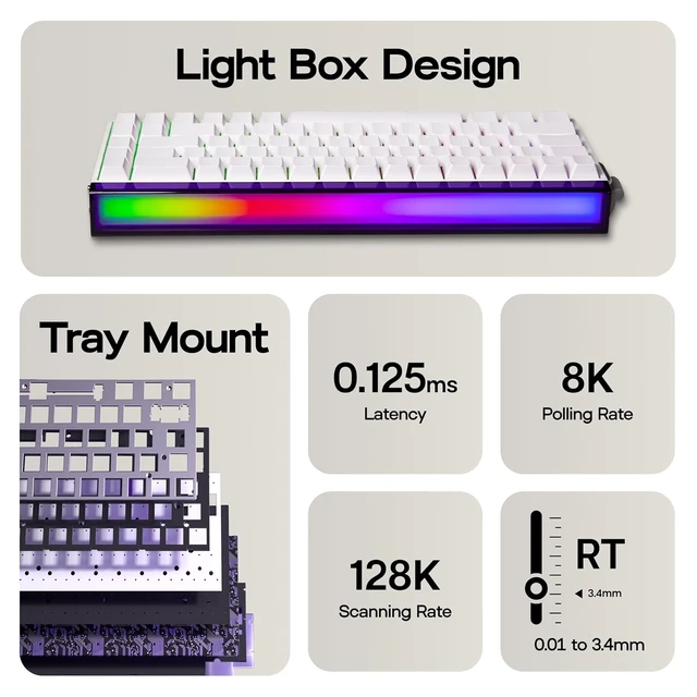Alt view image 3 of 7 - Aula Hero68 HE Wired Magnetic Gaming Keyboard, Rapid Hall Effect Keyboard with 0.01mm Adjustable Actuation, 8kHz Polling, 5-Layer Sound Dampening, RGB Lightbox & Backlit (White)