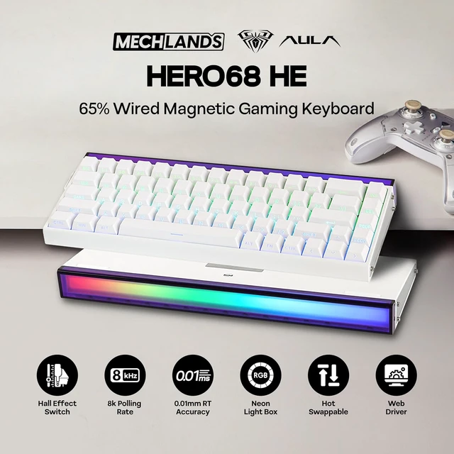 Alt view image 2 of 7 - Aula Hero68 HE Wired Magnetic Gaming Keyboard, Rapid Hall Effect Keyboard with 0.01mm Adjustable Actuation, 8kHz Polling, 5-Layer Sound Dampening, RGB Lightbox & Backlit (White)