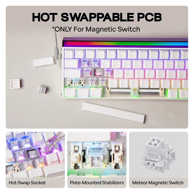 Alt view image 6 of 7 - Aula Hero68 HE Wired Magnetic Gaming Keyboard, Rapid Hall Effect Keyboard with 0.01mm Adjustable Actuation, 8kHz Polling, 5-Layer Sound Dampening, RGB Lightbox & Backlit (White)