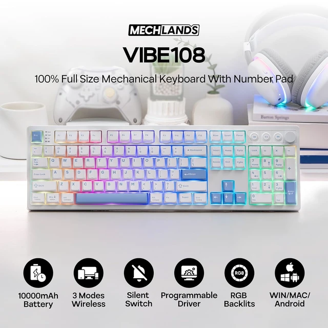 Alt view image 2 of 7 - Vibe108 Full Size Mechanical Keyboard w/Knob, Multimedia Button