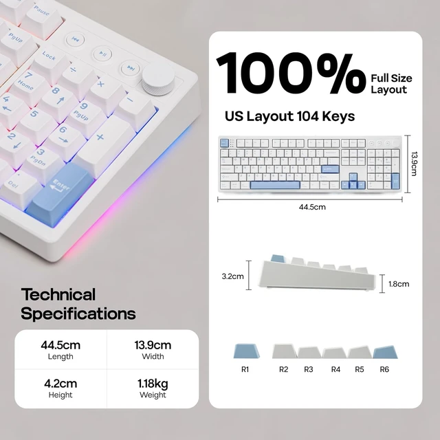Alt view image 5 of 7 - Vibe108 Full Size Mechanical Keyboard w/Knob, Multimedia Button