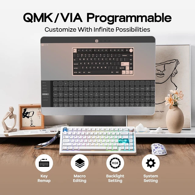 Alt view image 6 of 7 - CIDOO QK75 VIA Programmable 75% Compact Keyboard, USB-C/BT5.0/2.4Ghz Wireless, Hot Swappable Custom Mechanical Keyboard with Gasket Mounted, PC Plate, 4000mAh Battery for Win/Mac (White)