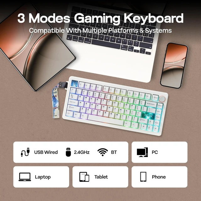 Alt view image 7 of 7 - CIDOO QK75 VIA Programmable 75% Compact Keyboard, USB-C/BT5.0/2.4Ghz Wireless, Hot Swappable Custom Mechanical Keyboard with Gasket Mounted, PC Plate, 4000mAh Battery for Win/Mac (White)