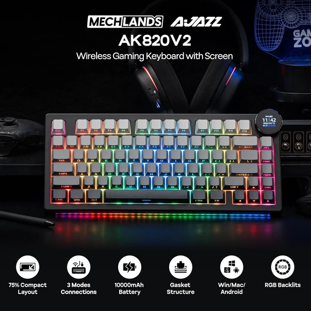 Alt view image 2 of 7 - AJAZZ AK820V2 75% Wireless Gaming Keyboard with 0.9 TFT Display Screen & Knob, Gasket Mechanical Creamy Keyboard with 10000mAh Battery, Hot Swappable, RGB for Win/Mac (Gradient Black)
